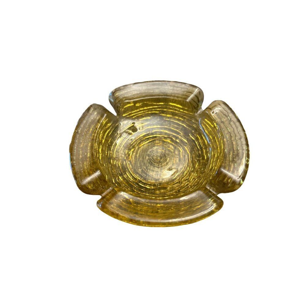 Vintage Amber Glass Ashtray Round Ribbed Design 4." Diameter Mid-Century Modern
